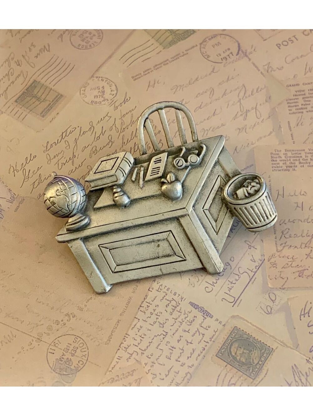 Vintage Signed Whimsical Desk Scene Lapel Pin with Globe, Books & Trash Can